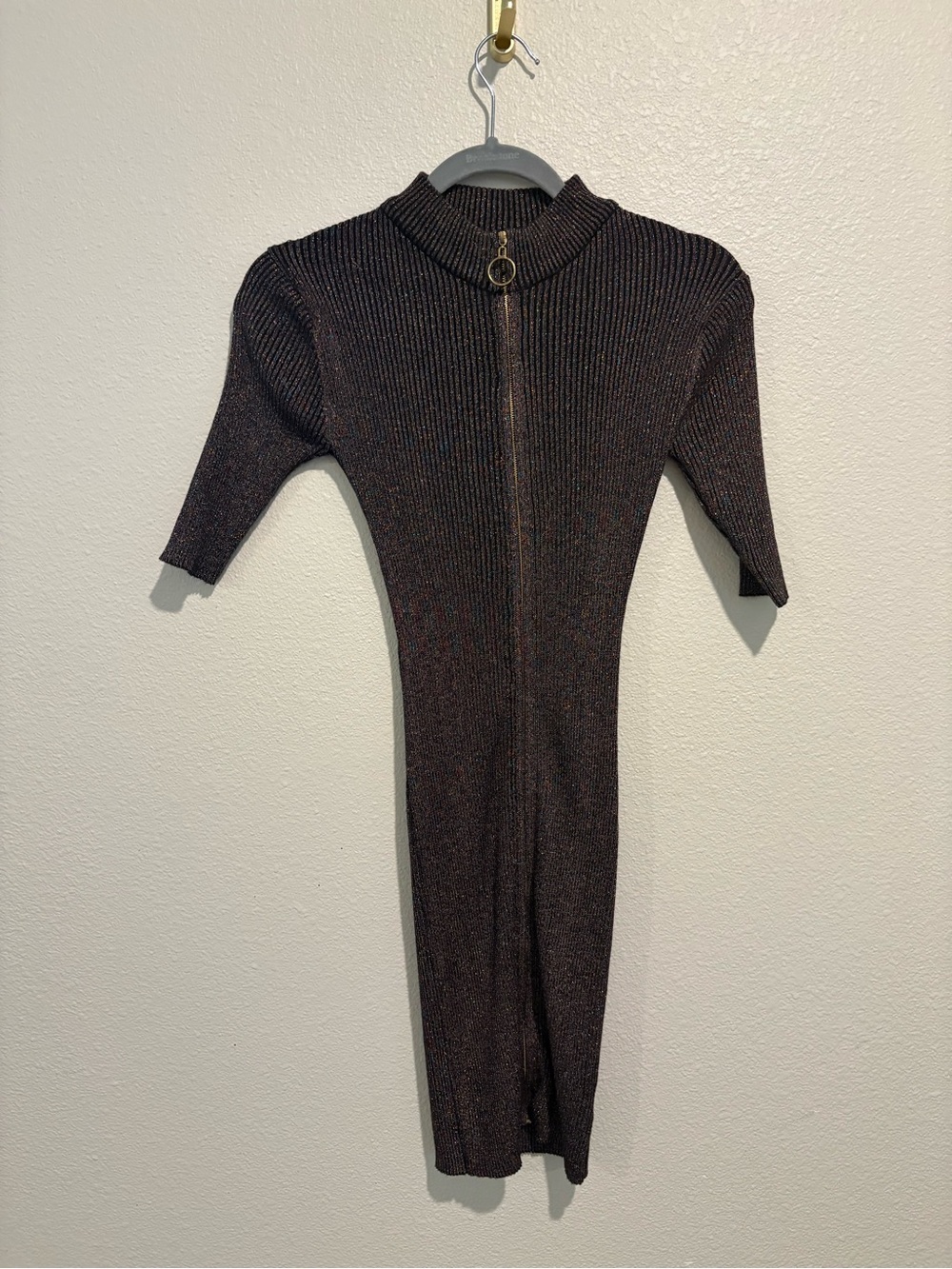 Say What? Black Metallic Ribbed Zip-Front Mini Dress with rainbow sparkle